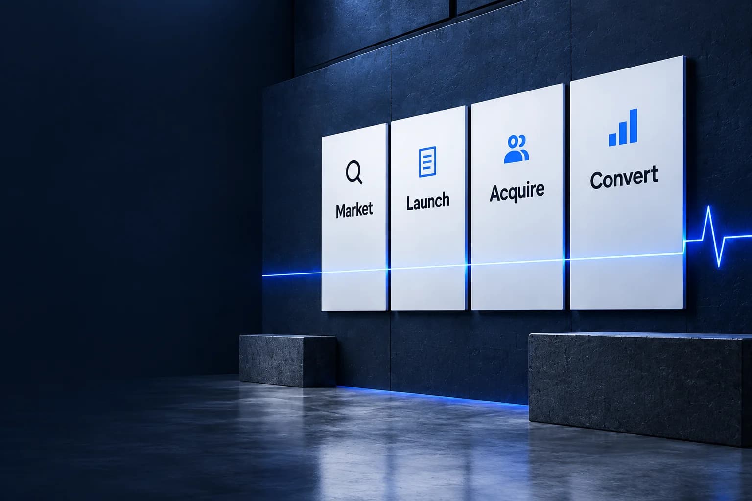 Four architectural panels connected by a blue pulse: Market, Launch, Acquire and Convert.